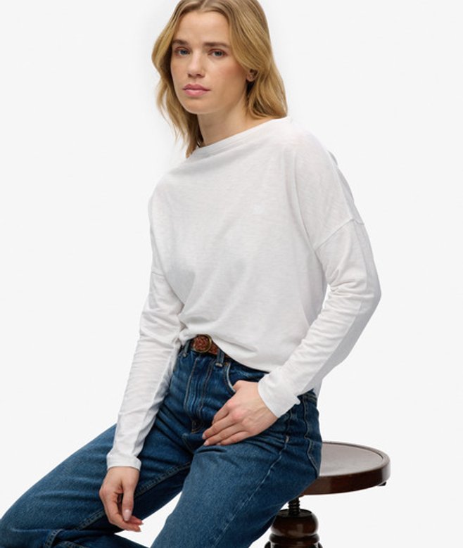 Superdry Damen Studios Bootsausschnitt Langarmshirt mit Slub-textur White - Größe: 42