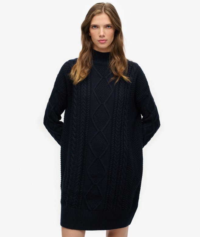 Superdry Damen Slouchy Strickkleid mit Zopfmuster Navy - Größe: 38