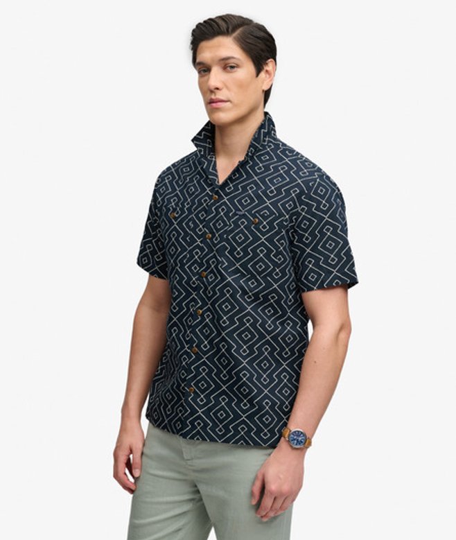 Superdry Herren Premium Bedrucktes Strand-kurzarmhemd Navy - Größe: L