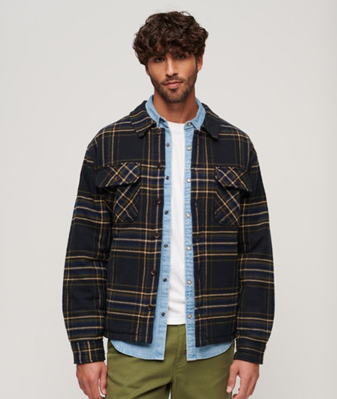 Superdry Herren Marineblau und Grün Surplus Hemdjacke mit Karomuster Kariert, Größe: L