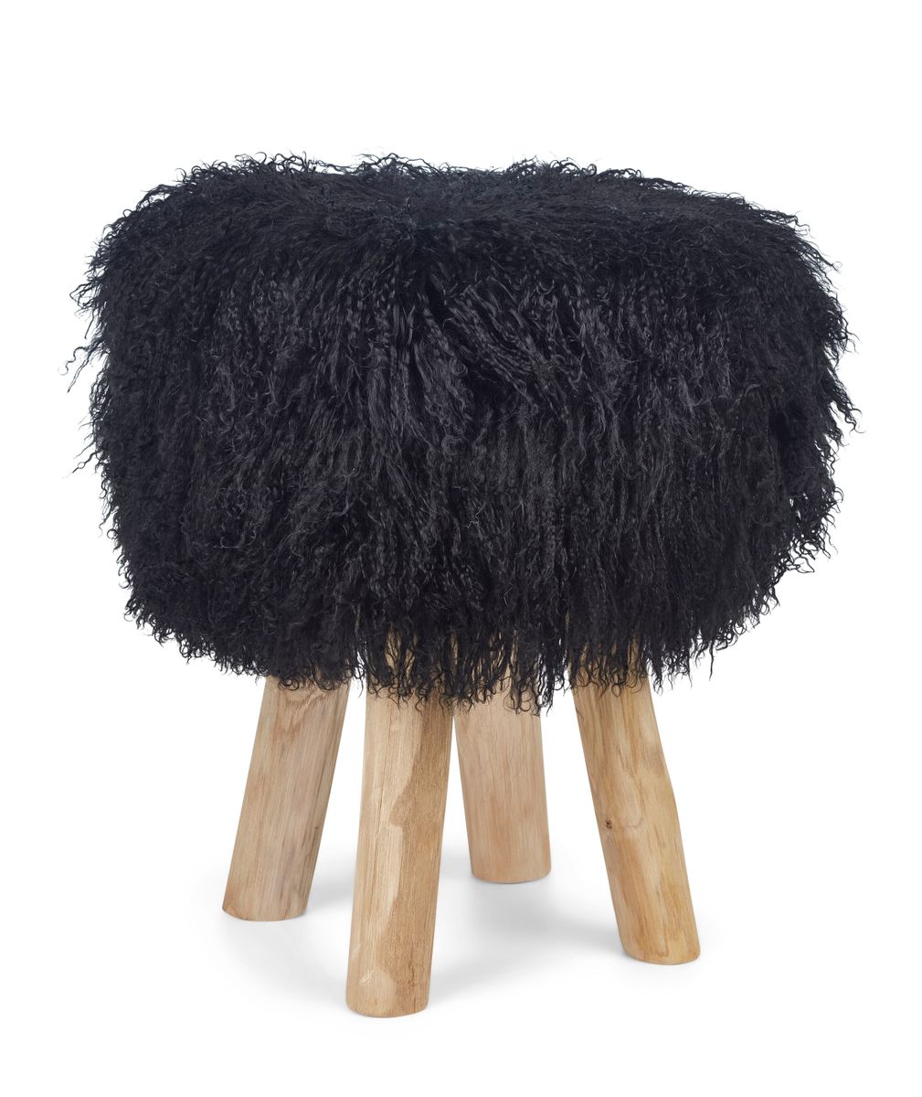 Holzhocker mit Lammfell | Tibet | 48xD34 cm