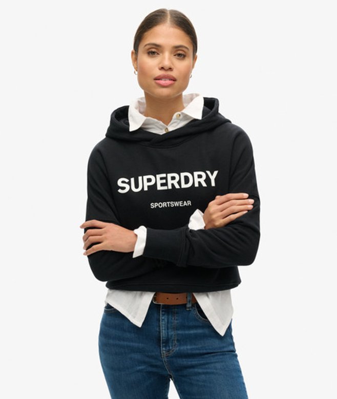 Superdry Damen Gerader Core Sport Kurzhoodie Schwarz - Größe: 42
