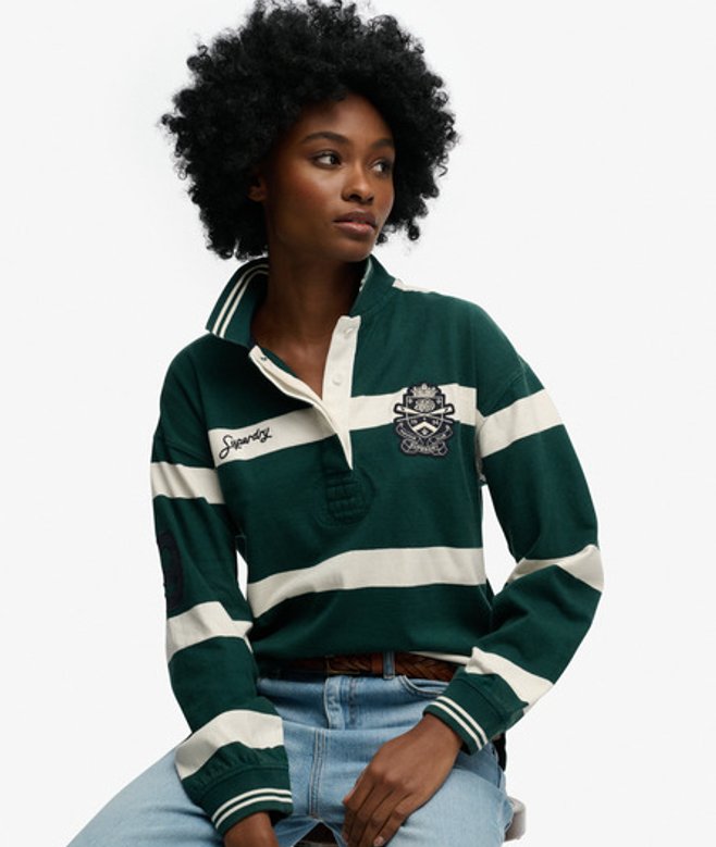Superdry Damen Crest Stripe Rugby-shirt Green - Größe: 42