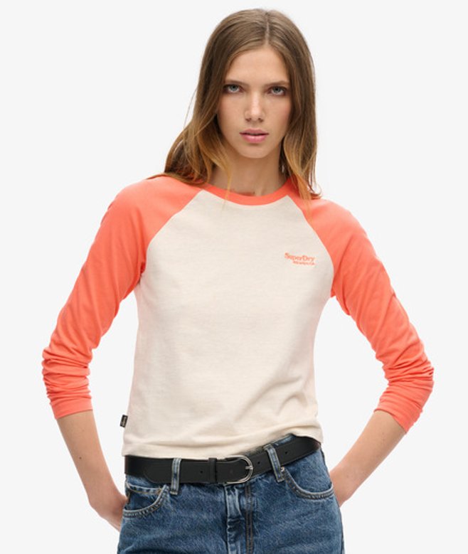 Superdry Damen Essential Baseballoberteil mit Langen Ärmeln und Logo Beige - Größe: 38