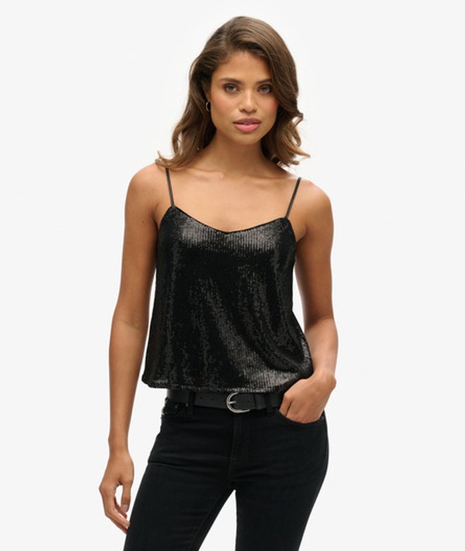 Superdry Damen Trägerhemd mit Pailletten Schwarz - Größe: 40