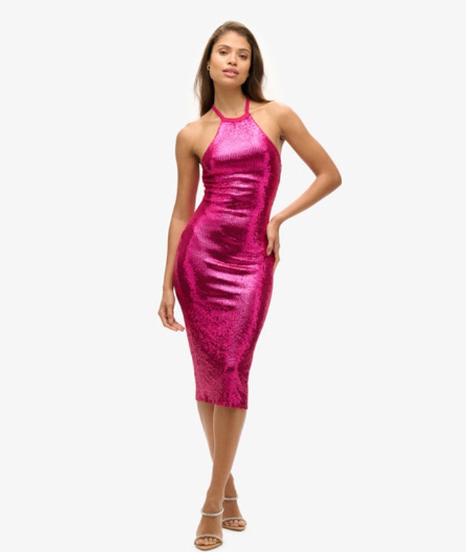 Superdry Damen Midikleid mit Nackenträger und Pailletten Pink - Größe: 44