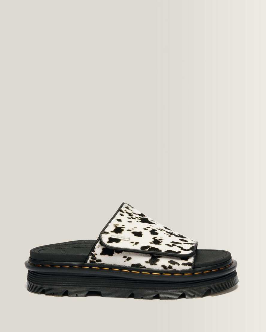 Dr. Martens Zebzag Dalmatian Hair On Leder Plateau Slides in Creme, Größe: 38