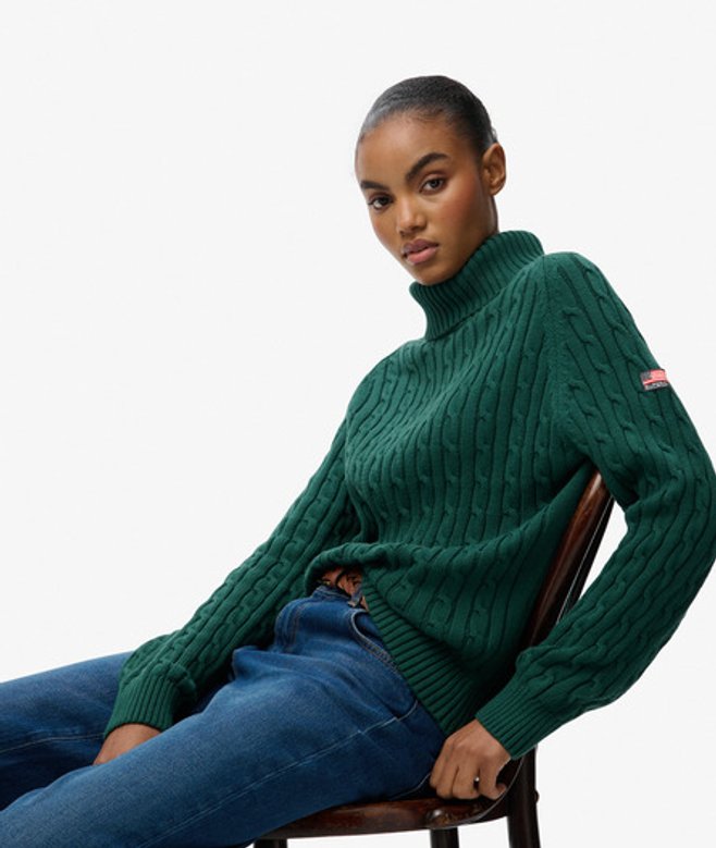 Superdry Damen Lockerer Zopfmuster-rollkragenpullover Green - Größe: 34