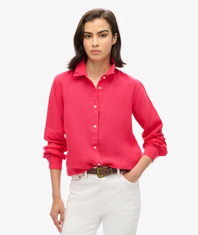 Superdry Damen Lässiges Hemd aus Leinen im Boyfriend-stil Pink - Größe: 34