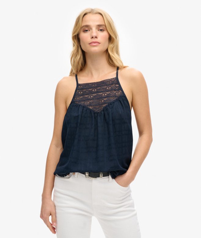 Superdry Damen Strand-trägertop mit Spitze Marineblau - Größe: 36
