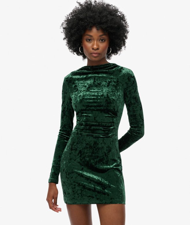 Superdry Damen Langärmeliges Minikleid aus Samt Grün - Größe: 44