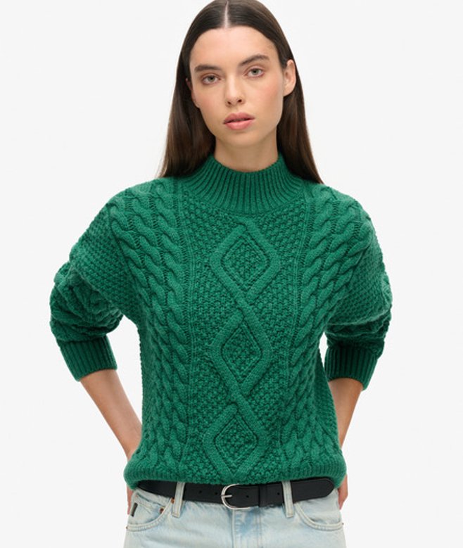 Superdry Damen Aran Polo-strickpullover mit Zopfmuster Grün - Größe: 42
