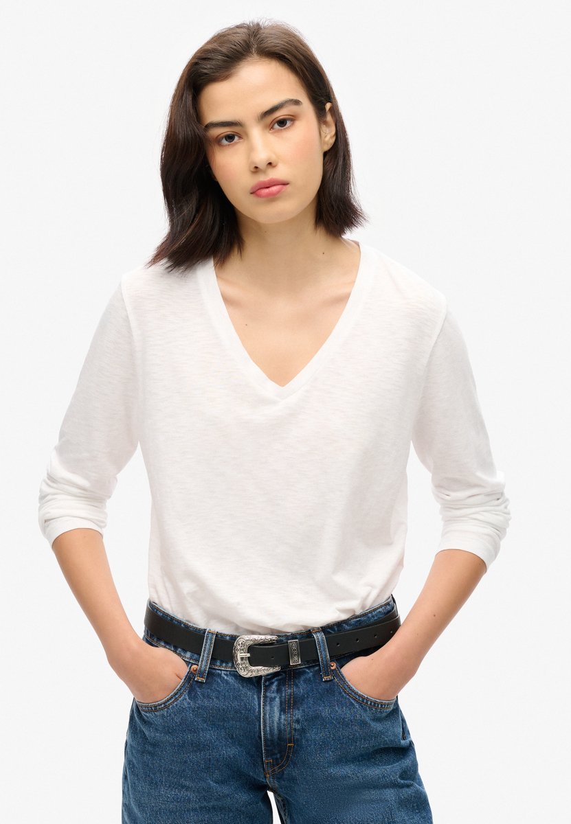 Superdry Damen Langärmeliges Jersey-oberteil mit V-ausschnitt Weiß - Größe: 42