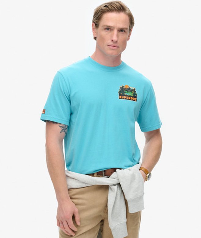 Superdry Herren Travel Postcard T-shirt mit Print im Brustbereich Blau - Größe: M