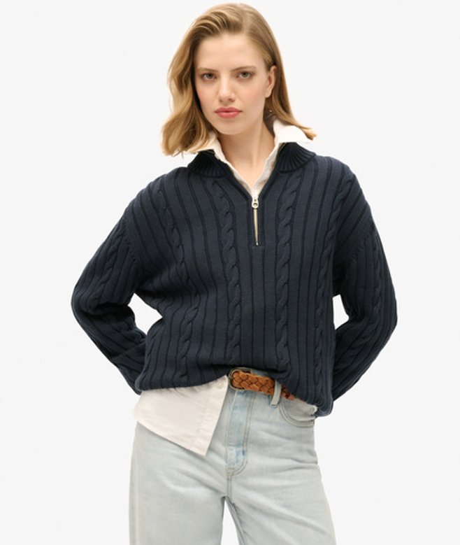 Superdry Damen Marineblau Gestrickter Rugby-Henley-Pullover Gestrickt, Größe: 36