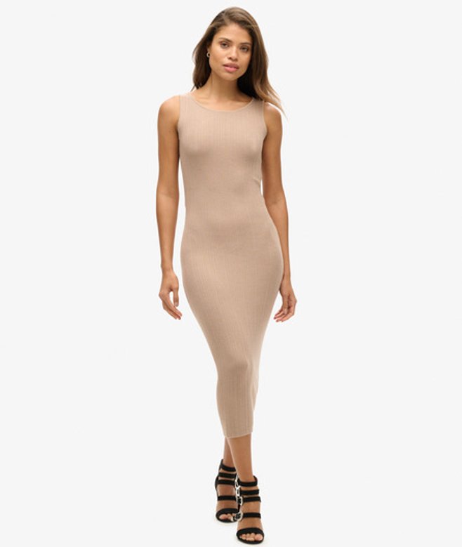 Superdry Damen Rückenfreies Gestricktes Midikleid Beige - Größe: 36