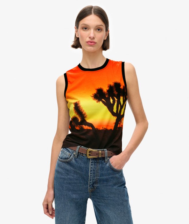Superdry Damen Gelb, Schwarz und Orange Oberteil Grafikdruck, Größe: 42 - Größe: 42