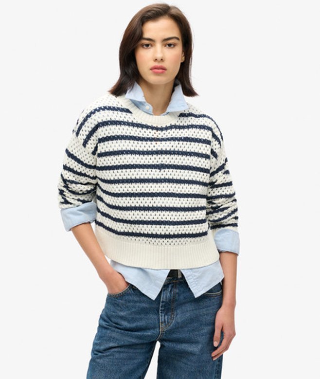 Superdry Damen Gestreifter, Kurzer Häkelpullover mit Rundhalsausschnitt Weiß - Größe: 44