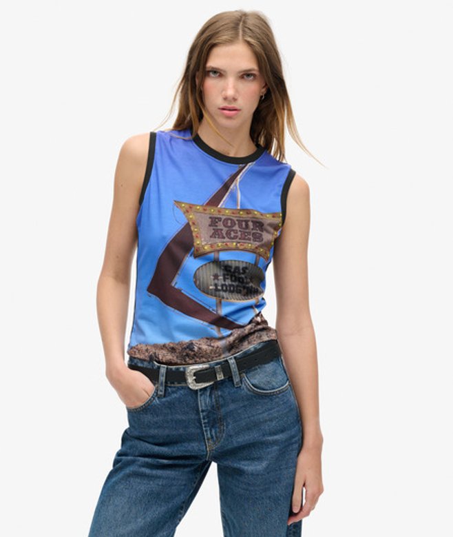 Superdry Damen Blau und Braun Sub Oberteil mit Print, Größe: 40