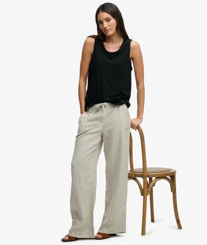 Superdry Damen Leinenhose mit Tiefem Bund Beige - Größe: 38