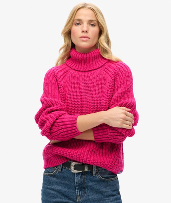 Superdry Damen Rosa Lässiger Strickpullover mit Rollkragen und Ziernaht, Größe: 44