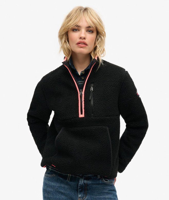 Superdry Damen Outdoor Fleecejacke mit Halbem Reißverschluss Schwarz - Größe: 42