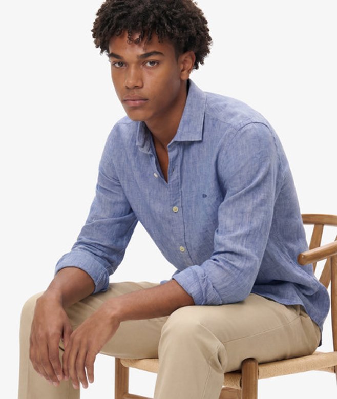 Superdry Herren Riviera Leinenhemd mit Langen Ärmeln Blue - Größe: XL