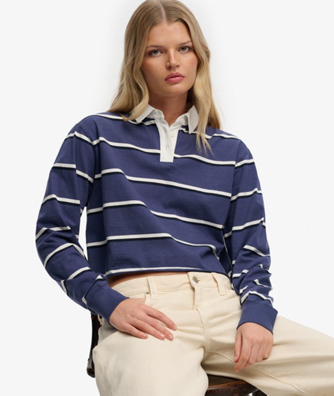 Superdry Damen Athletic Essentials Gestreiftes Rugby-oberteil in Cropped-länge Navy - Größe: 34
