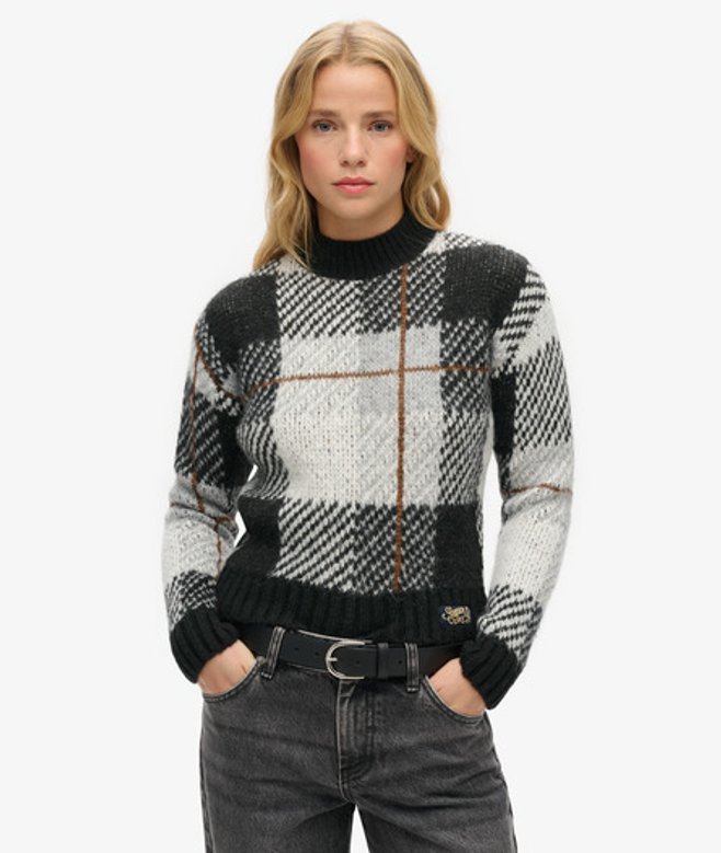 Superdry Damen Kastenförmiger Strickpullover mit Muster Schwarz - Größe: 38