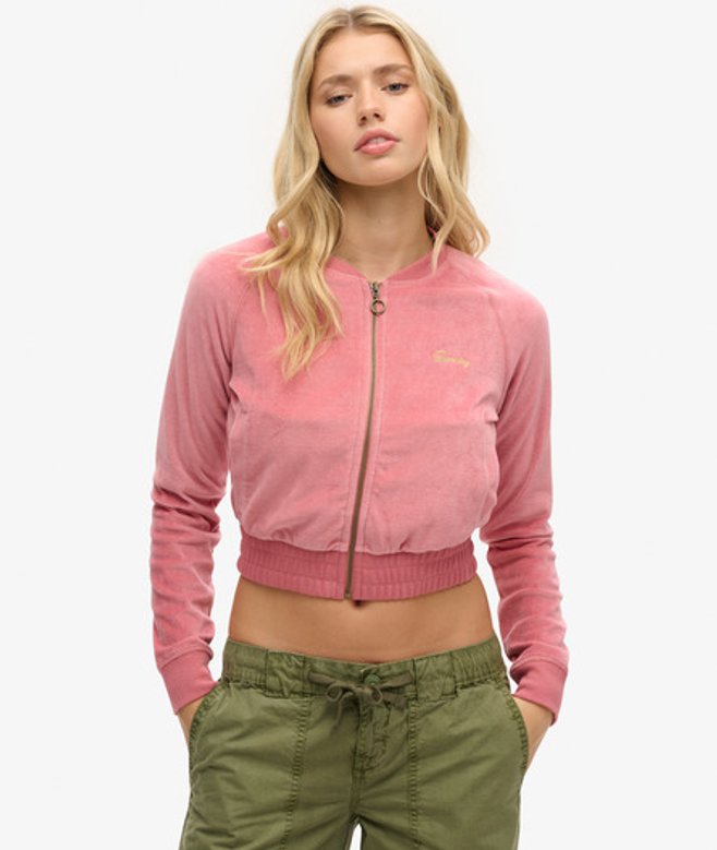 Superdry Damen Besticktes Baseballoberteil aus Velours mit Reißverschluss Pink - Größe: 36