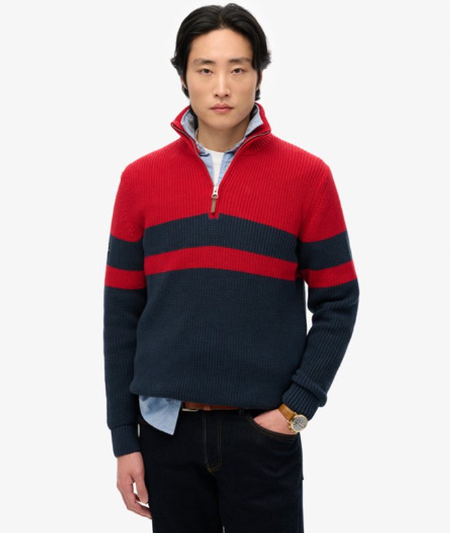 Superdry Men's Gestreifter Baumwollpullover mit Halbem Reißverschluss Marineblau - Größe: Xxl