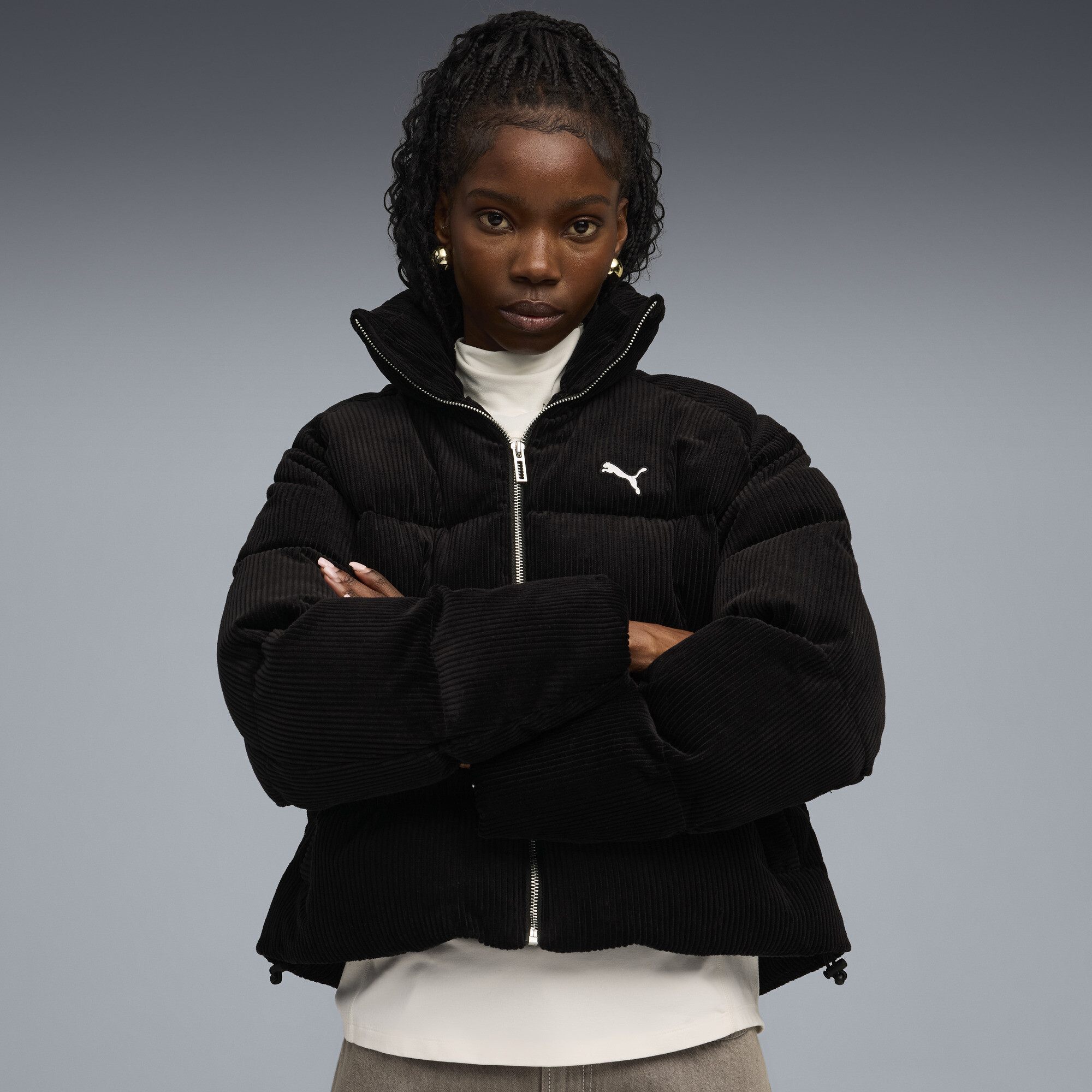 PUMA Wardrobe Essentials Cord-Pufferjacke Damen, Kleidung, Schwarz, L