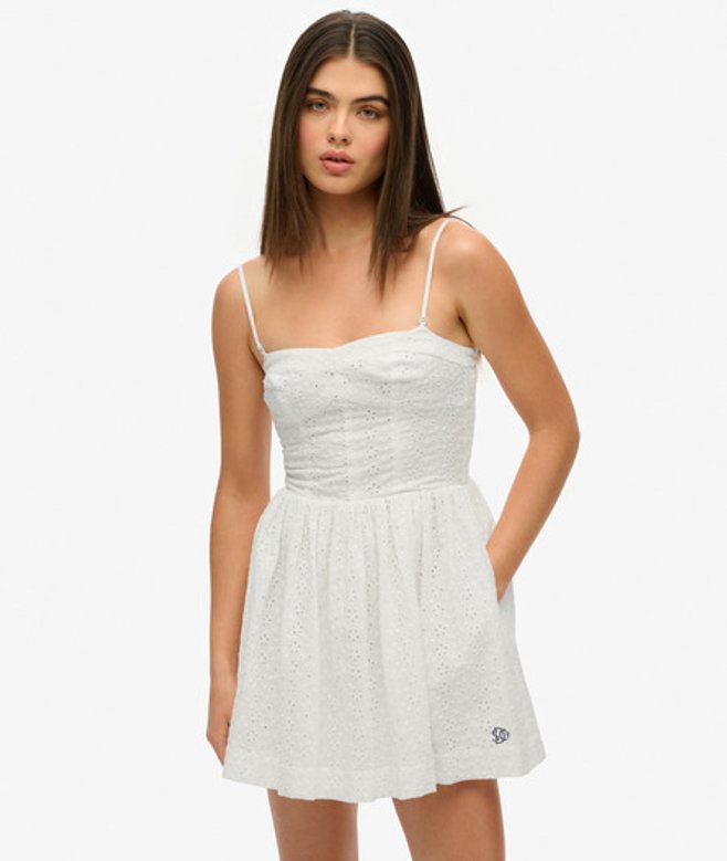 Superdry Damen Mini-trägerkleid mit Lochstickerei White - Größe: 34