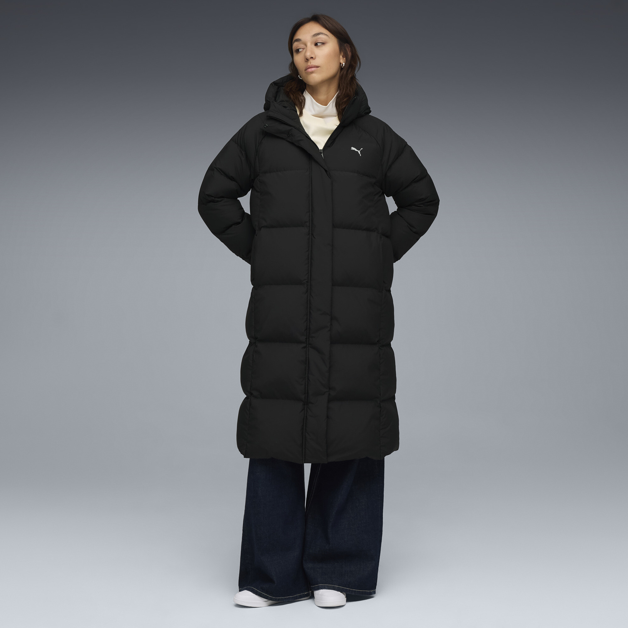PUMA Daunen-Puffermantel mit Kapuze Damen, Kleidung, Schwarz, XS