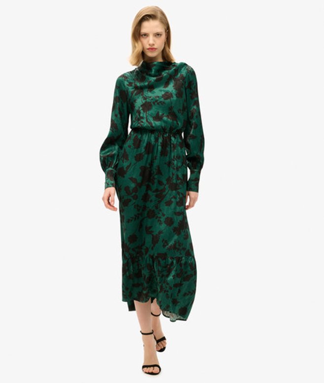 Superdry Damen Jacquard-maxikleid mit Wasserfallausschnitt Grün - Größe: 38