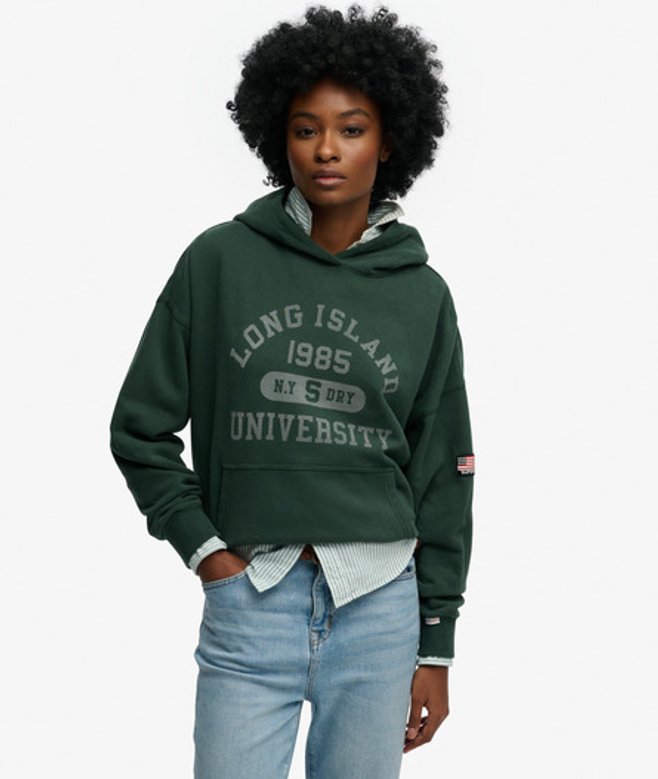 Superdry Damen Baumwolle Logo Druck Essentials Kapuzenpullover in Lockerer Passform, Grün & Grau - Größe: 36