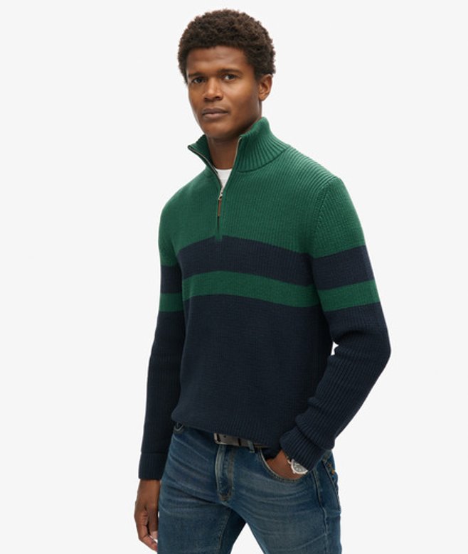 Superdry Herren Marineblau und Grün Klassischer Gestreifter Henley-Pullover aus Baumwolle, Größe: XXL