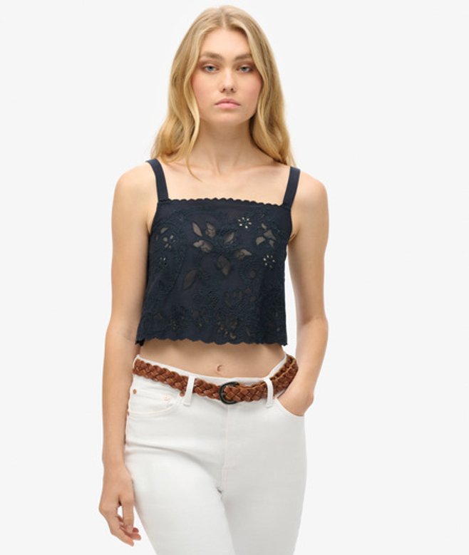 Superdry Damen Ibiza Trägertop mit Stickerei Marineblau - Größe: 42