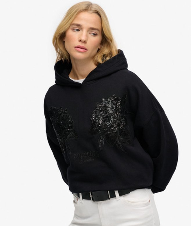 Superdry Damen Baumwolle Paillette Übergroßer Kapuzenpullover Mit Tattoo-Verzierung, Schwarz & Silber - Größe: 44