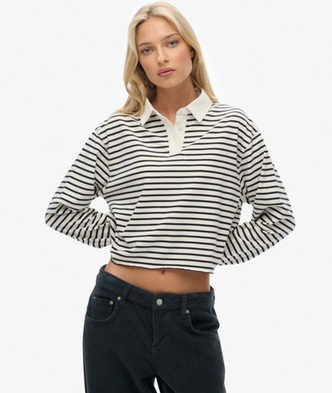 Superdry Damen Athletic Essentials Gestreiftes Rugby-oberteil in Cropped-länge Pink - Größe: 34