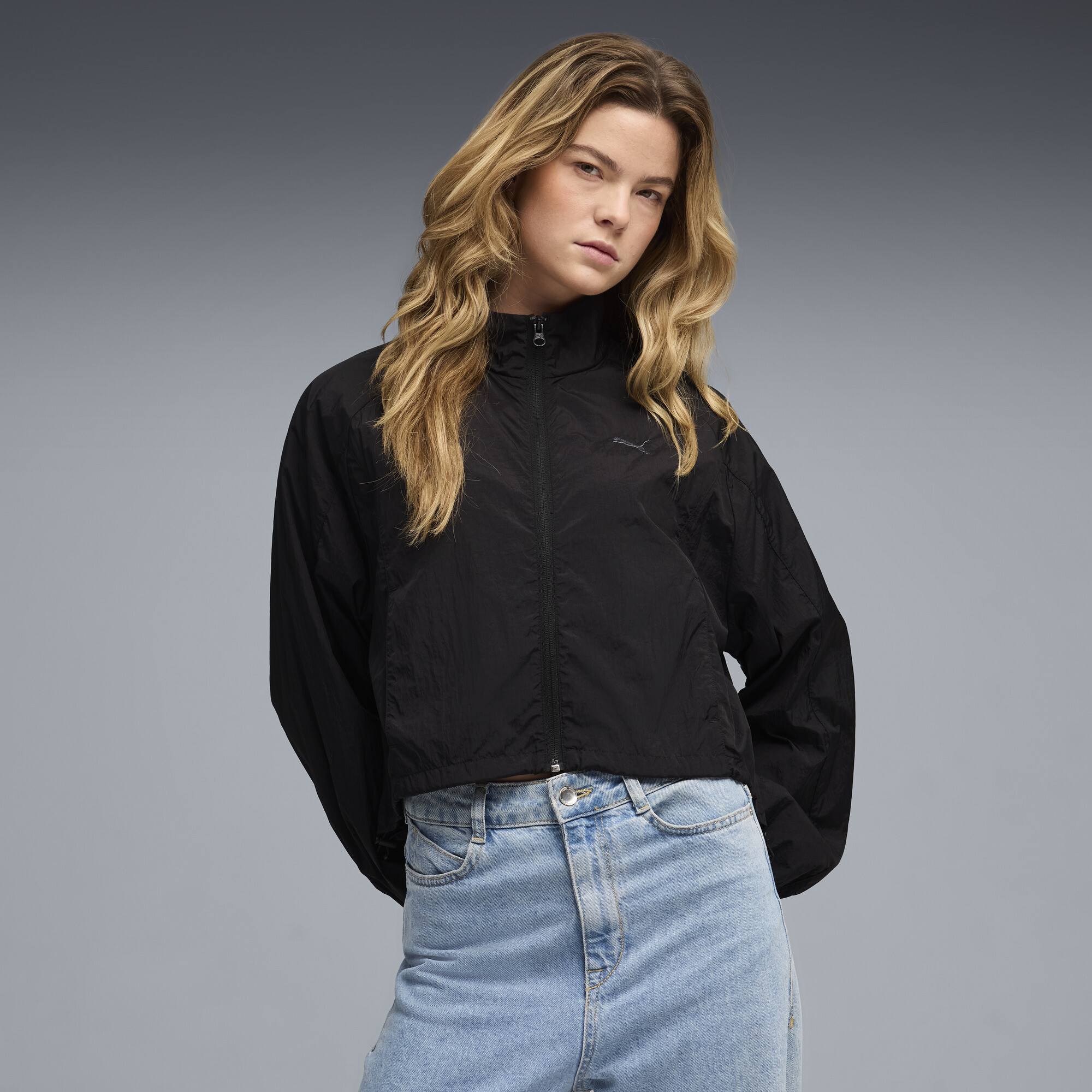 PUMA HER Relaxed Gewebte Reißverschluss-Jacke Damen, Kleidung, Schwarz, L