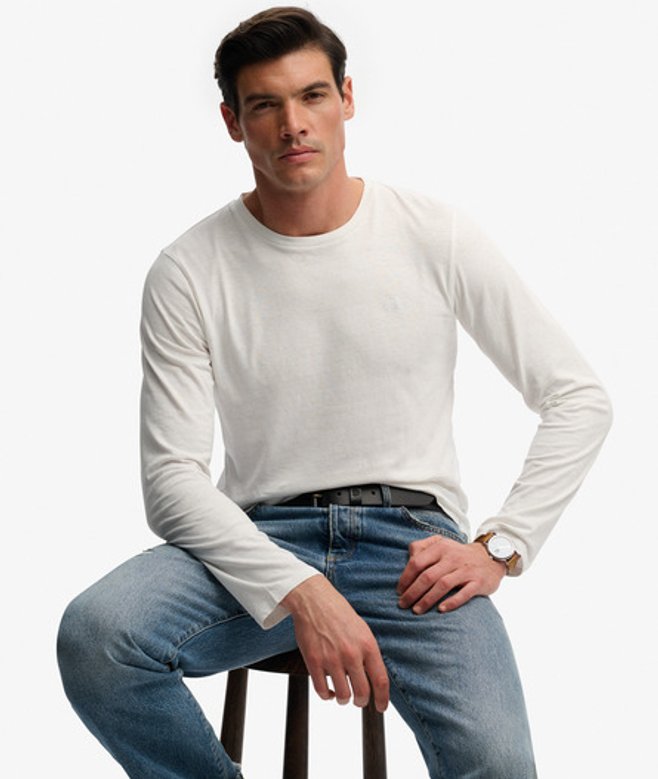Superdry Herren Klassisches Langarmshirt aus Baumwolle und Leinen White - Größe: XL