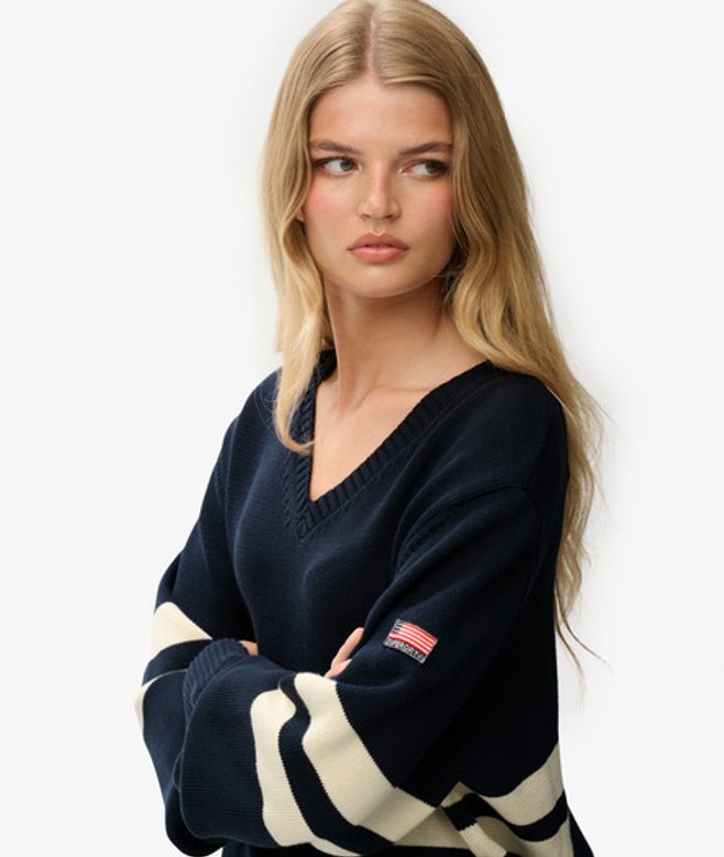 Superdry Damen OverGrößed Gestreifter V-ausschnitt Pullover Navy - Größe: 42