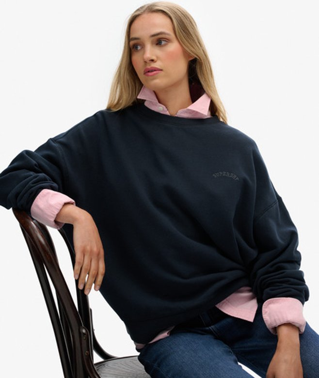 Superdry Damen Stückgefärbtes Essential Sweatshirt mit Logo und Rundhalsausschnitt Navy - Größe: 36