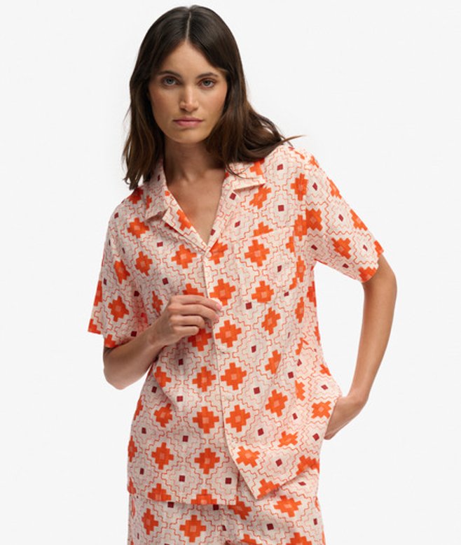 Superdry Damen Beach Printed Kurzarmhemd Orange - Größe: 42