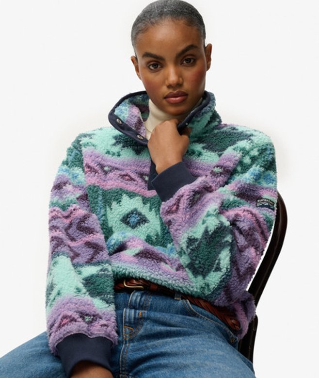 Superdry Damen Bedruckter Superweicher Teddyfleece Henley Pullover, Marineblau & Grün - Größe: 44