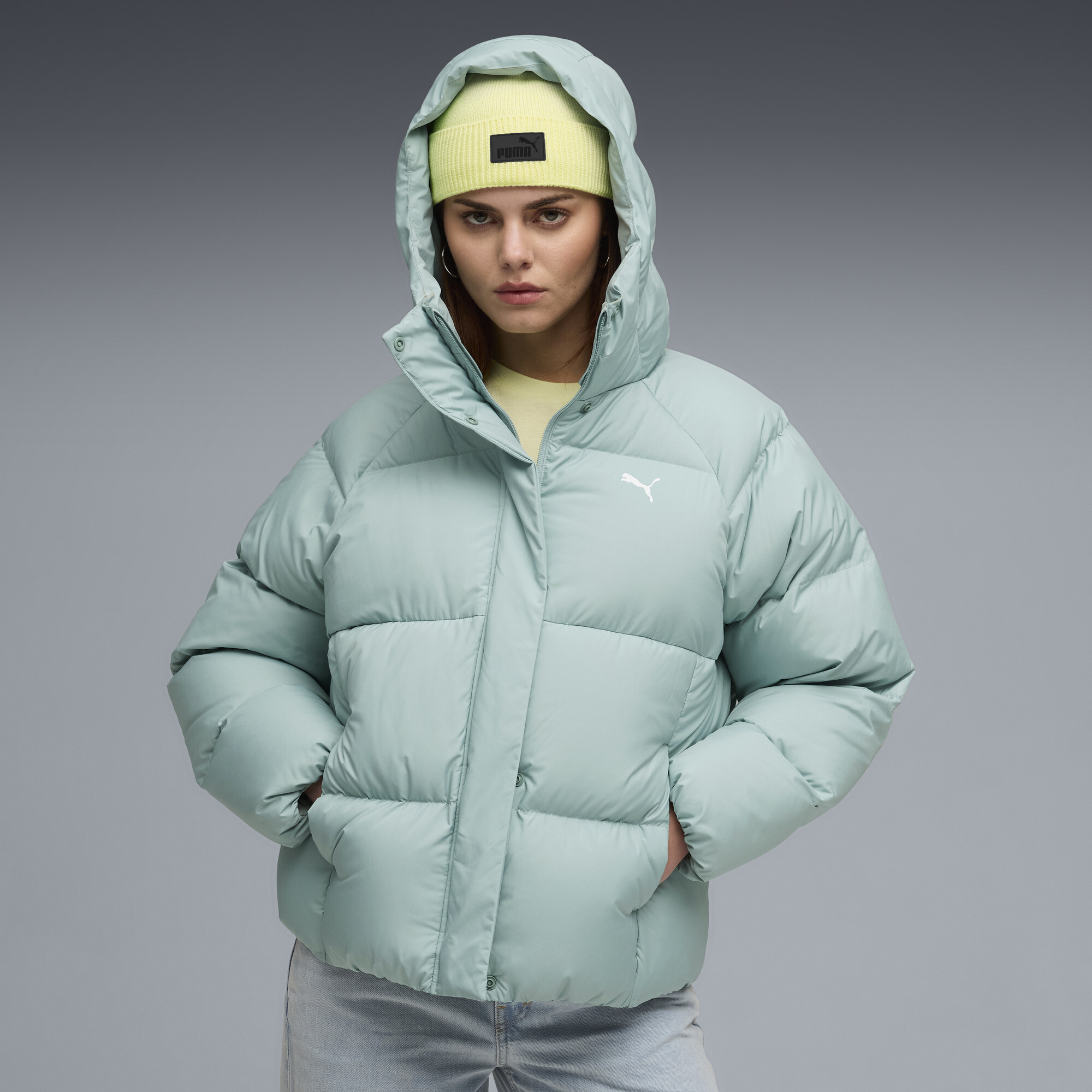 PUMA Daunen-Pufferjacke mit Kapuze Damen, Kleidung, Grün, XS