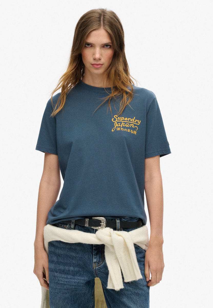 Superdry Damen Lässiges T-shirt mit Tokio Strassbesatz Marineblau - Größe: 38