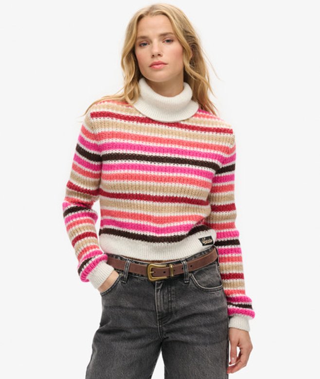 Superdry Damen Gestreifter Rollkragenpullover mit Verkürztem Schnitt Weiß - Größe: 38