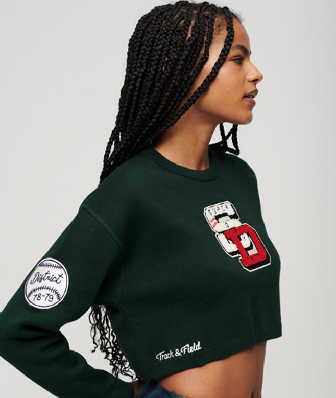 Superdry Women's Kurzer College-pullover mit Rundhalsausschnitt Grün - Größe: 42